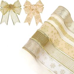 Champagne Gold Glitter Wired Christmas Winter Holiday Ribbons 2.5” Wide, 5 Yards (Set of 6) (NEW) #1