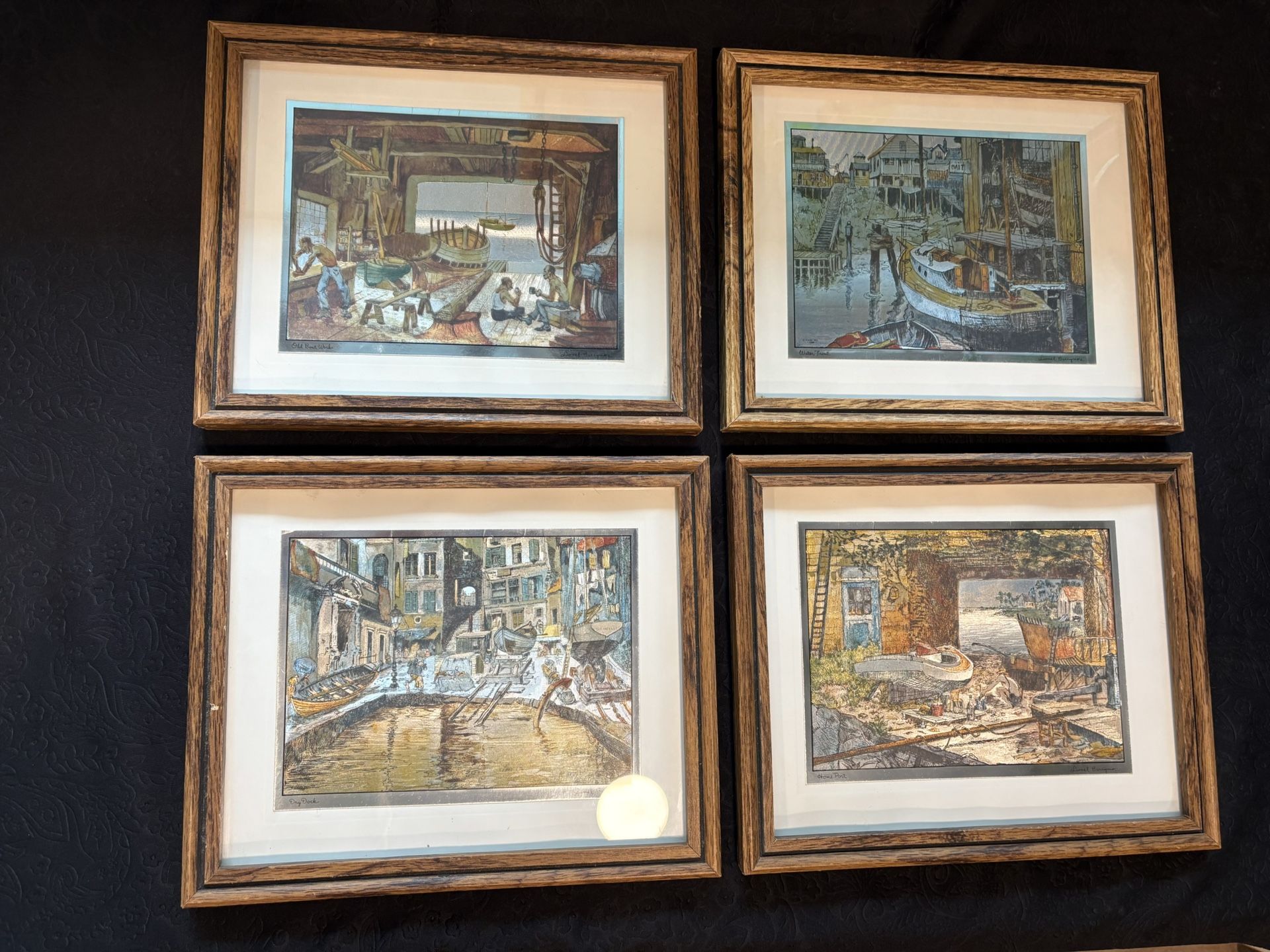 Set Of Four Vintage Lionel Barrymore 1950s Era Colored Foil Etching Framed Glass With Solid Oak Frame, 