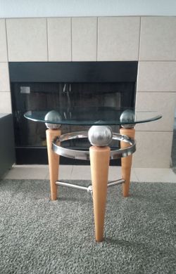 Glass Top Wood and Metal Table 1ft 9in  H x 2ft 2 in W