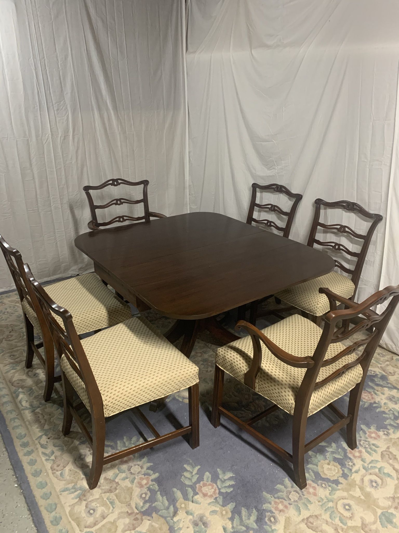 Wooden Drop-Leaf Pedestal Table w/ 6 Padded Chairs - Includes 4 Leafs & Table Protector Pads