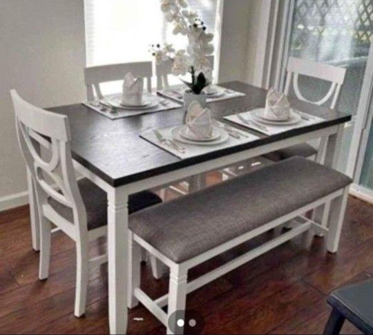 ✅️✅️(6 pc white & grey finish wood dining table set grey padded seat chairs and bench✅️✅️✅️