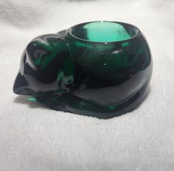 Vintage Indiana Glass Emerald Green Sleeping Kitty Cat Votive Candle Holder