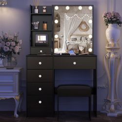 Black Vanity Desk with Sliding Mirror and Lights, Small Makeup Table with Drawers and Chair, Bedroom Dressing Set, Ideal for Teens and Women Brand New