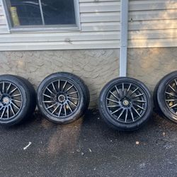 17” RR Black Gloss Rims – 5x114.3 – Set of 4 – With Used Tires (3 OK, 1 Damaged) Revolution Racing Rims!