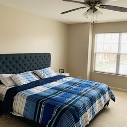 Blue charcoal Tufted Upholstered Headboard king bed frame