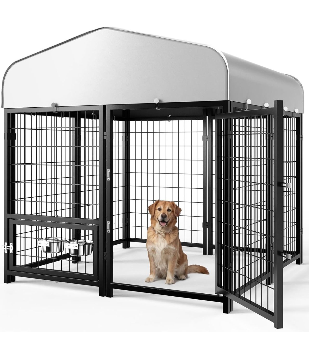 (5'L x 5'W x 5'H) Outside Outdoor Dog Run with Roof, Swivel Feeders/Removable Doggy Door Allow Connecting Your Dog House- Kennel Heavy Duty for Medium