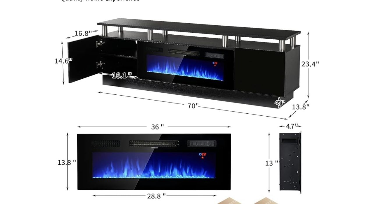 New,70”TV stand With Fireplace( No Scratch, Plastic On The Door, Can Be Peeled Off