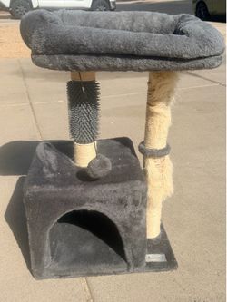Hapineko 27” Grey Cat Tree Stand with Bed and Scratch Post