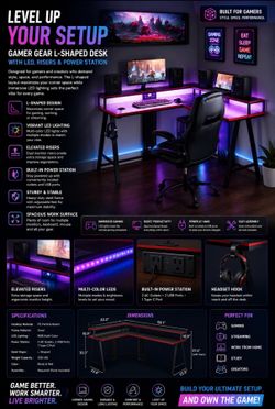 GAMER GEAR L-SHAPED DESK WITH LED, RISERS & POWER STATION