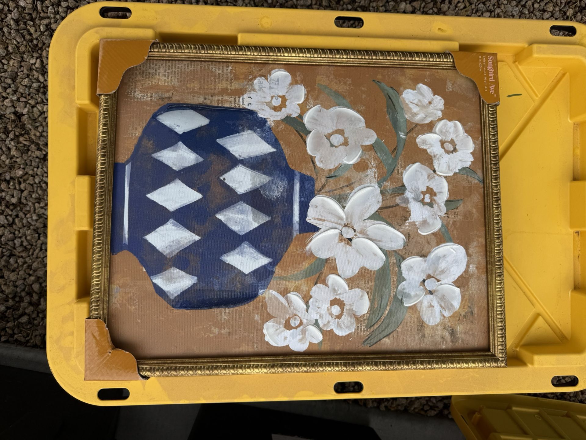 Framed Floral Wall Art – Blue Vase with White Flowers