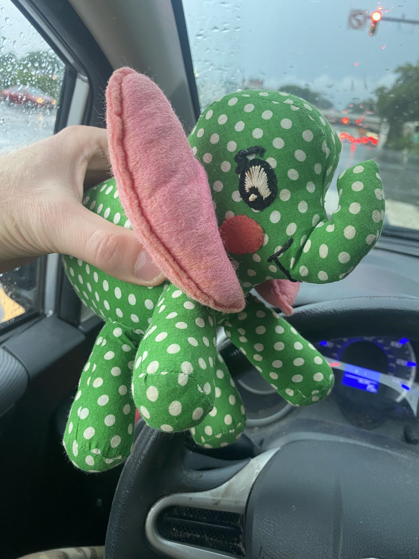 Vintage Handmade Green with White Polka dot Elephant Plush Stuffed Animal Pink Ears.  One of a kind. Yarn sewn eyes.  Pick up available in Arlington V