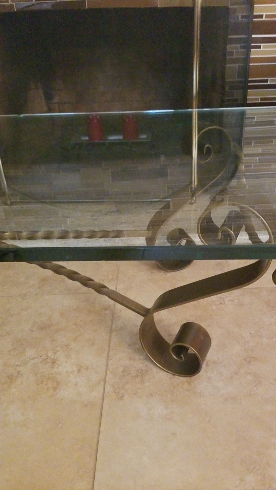 Coffee and two end tables- Glass top, wrought iron