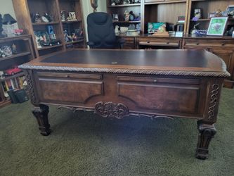 Desk And chair wood carved 3 large book shelves all one set