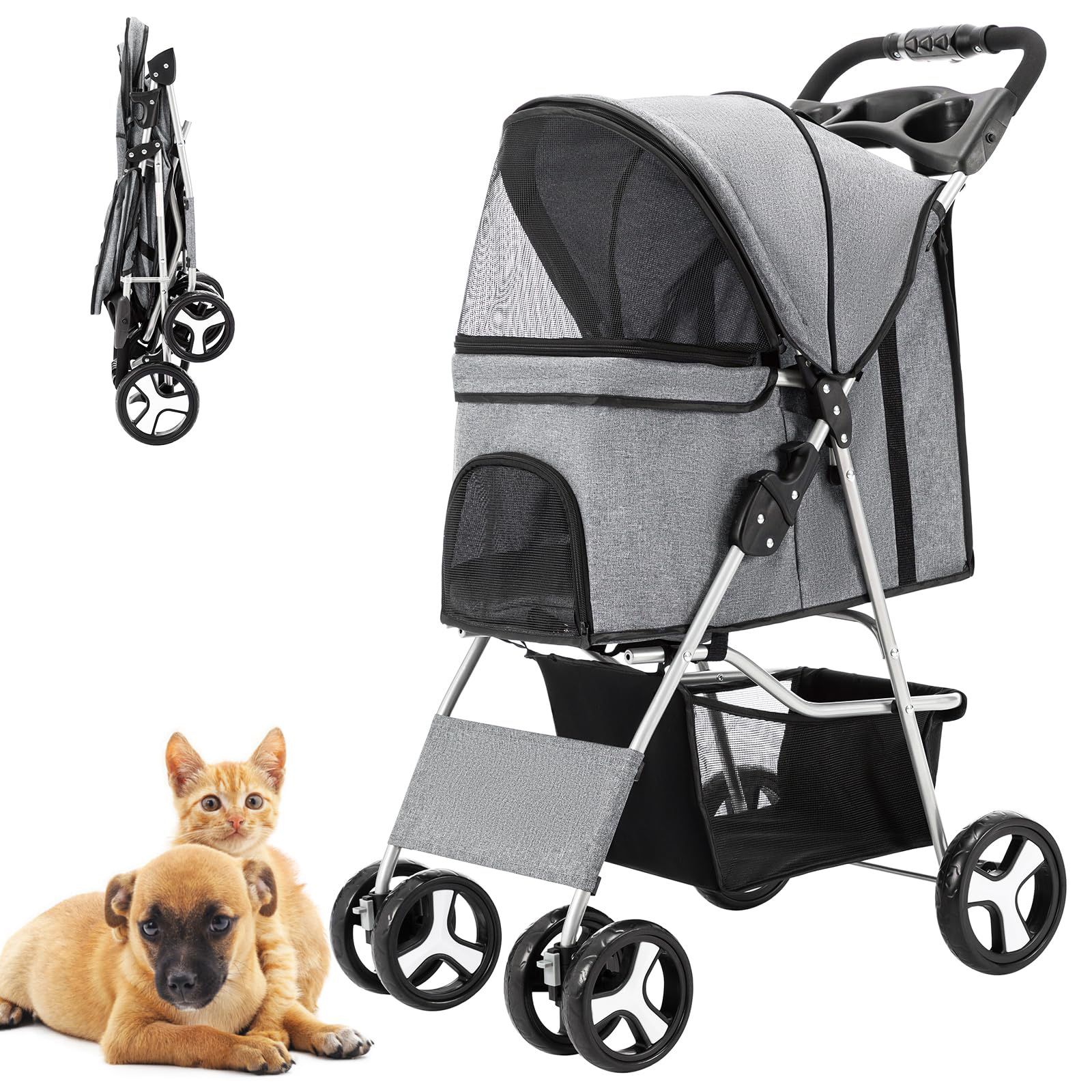 Pet Stroller For Medium Small Dogs & Cats, One-Hand Folding Portable Travel Cat Dog Stroller With Large Storage Basket And Cup Holder, 4 Wheels, Gray