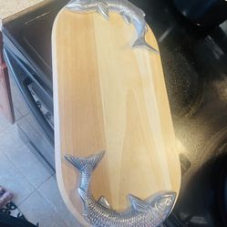 Cutting Board Silver Fish Handle With Solid Wooden Beautiful Pice 