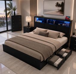 📍 Queen Size Bed Frame with Headboard Lights and bookcase storage,  L-21