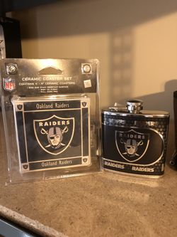 Oakland Raiders ceramic coaster set and six oz stainless steel flask