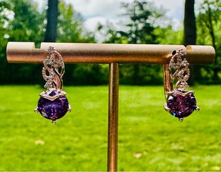 Purple Stone Drop Earrings Golden Tone with European Locks. New