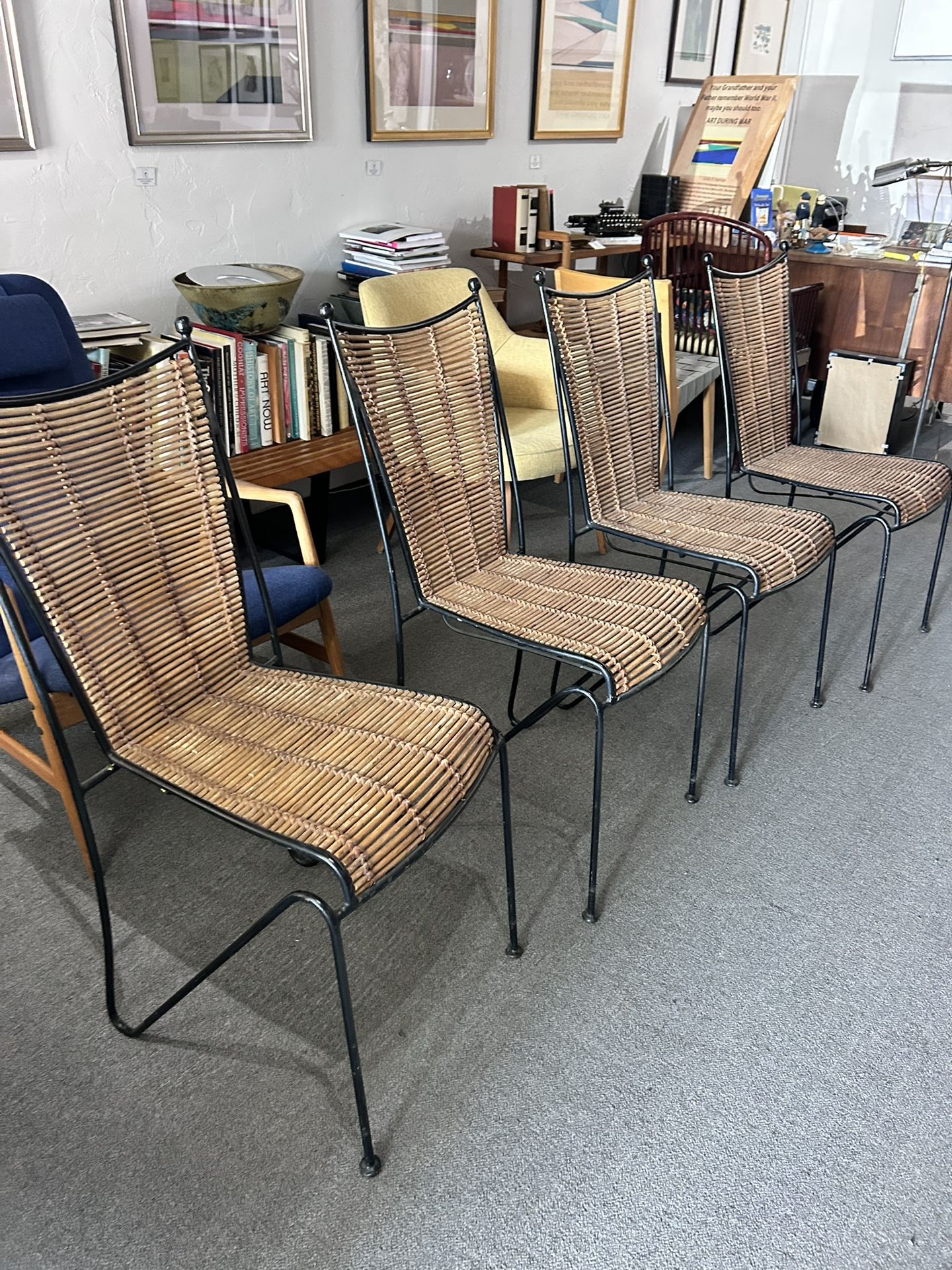 PIPSAN SAARINEN SWANSON IRON & CANE CHAIRS, SET OF 4, 50's