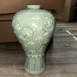 Korean Celadon Cranes & Clouds Porcelain Maebyeong/ Plum Bottle Repro Signed