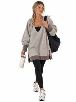 Free People All About It Oversized Fuzzy V Neck Sweater Tunic Gray
