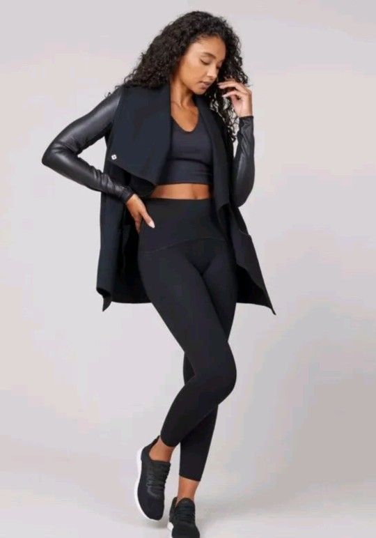 SPANX Drape Front Jacket Black Ponte Faux Leather Modern Comfort