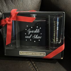 Flask and Shot Glasses Gift Set - "Sparkle and Shine", "Bottoms Up" Party Favor, Gift Set Packaged