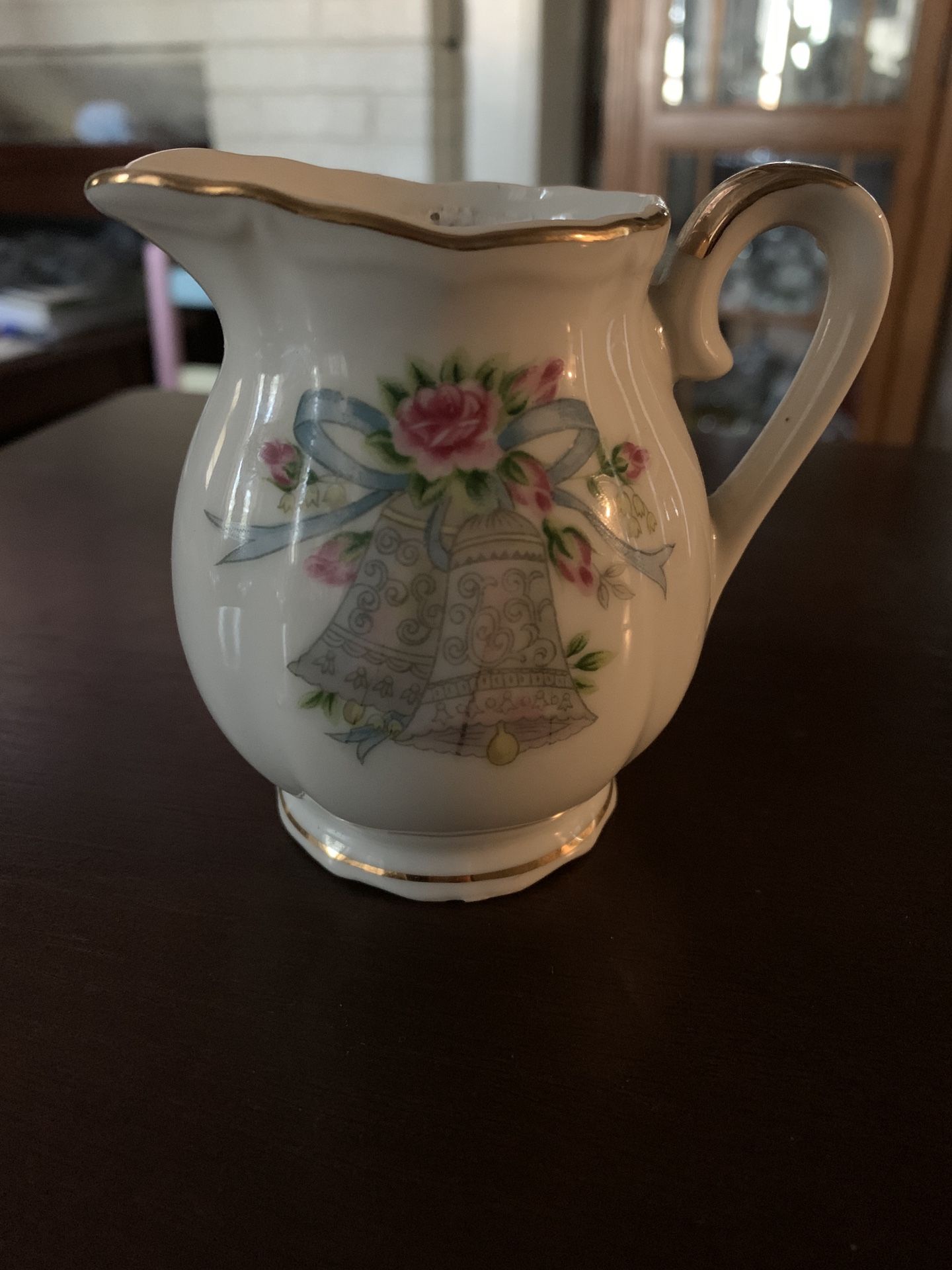 Vintage Lefton China 5884 Hand Painted Floral Bells with gold trim creamer