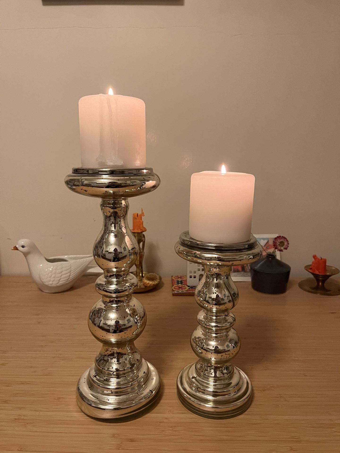 Set Of 2 Mercury Glass Candle Pillars