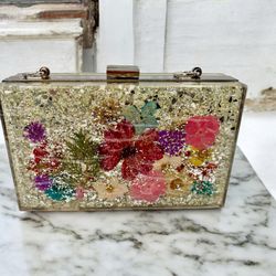Handmade Sparkling Clutch Purse With Dried Flowers  In Silver with Chain 