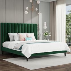 Velvet Upholstered Platform Bed Frame with Headboard, Green