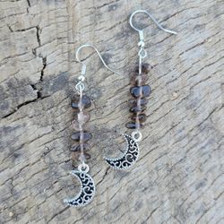 Smokey Quartz Crystal Moon Dangle Earrings 