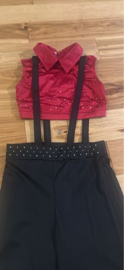 Dance Costume Set Red Crop Top Black Suspender Pants
