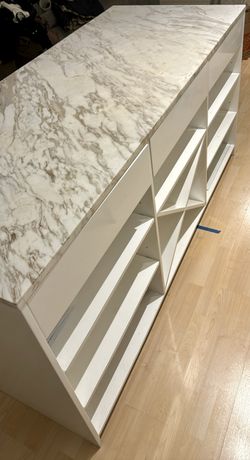 CB2 White Kitchen Island with Marble Top