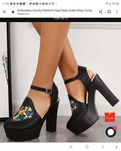 Embroidery Chunky Platform High Heels Ankle Strap Pumps
Size 6