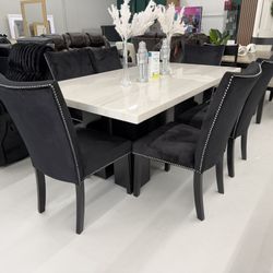 Mármol Top Faux Dinning Set With 6x Chairs Velvet 