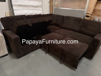 New! Dark Brown Chocolate Sectional Sofa Bed, Sleeper Sofa,Plush Corduroy Fabric Sofabed, Sofa Bed, Couch With Pull-out Bed And Storage USB Pullout