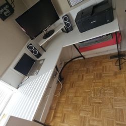 Desk + Monitor/Speakers
