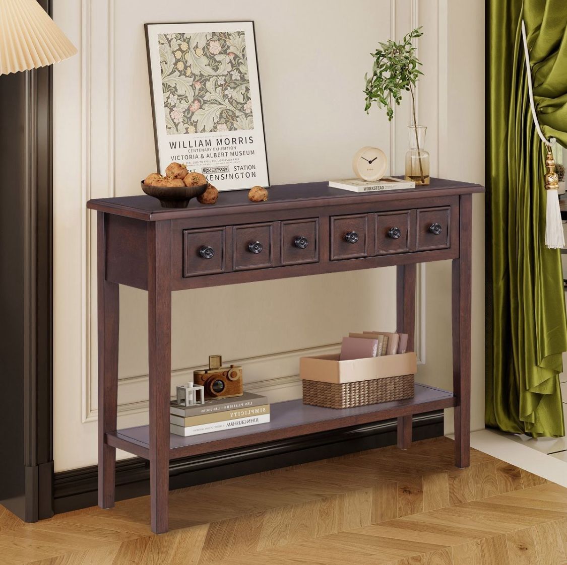 NEW. Espresso Console Table Entryway Table with Open Storage Shelf & Drawers for Living Room Hallway, Rubber Wood Legs