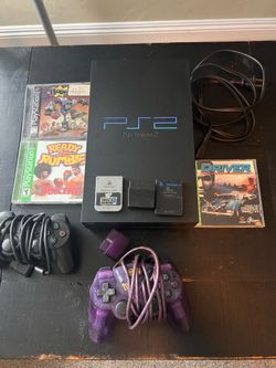 PlayStation 2 with 2 controllers, 3 games