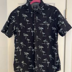 Sunrise Kingdom Blue Flamingo Button Up Short Sleeve Shirt Men’s L