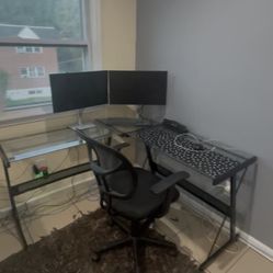 For Sale – L-Shaped Glass Desk + Ergonomic Chair + Dual Monitor Setup