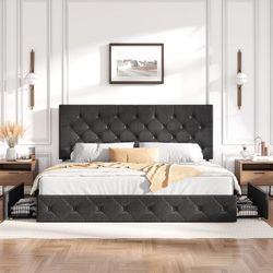 Upholstered King Size Platform Bed Frame with 4 Storage Drawers, Adjustable Headboard with Diamond Stitched Button Tufted Design, Wooden Slat Support,