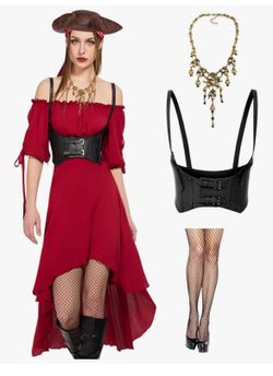 Pirate Underbust Corset High Low Renaissance Dress Costume w/Accessories, Lg NEW