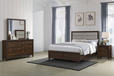 New 5 Piece Bedroom Set With Padded Headboard / Walnut Finish.  Free Delivery!