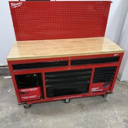 Milwuakee 61 in. 11-Drawer/1-Door 22 in. D Mobile Workbench with Sliding Pegboard Back Wall 