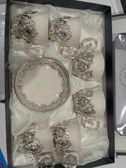 Ornate Silver and White Porcelain Tea Cup Set