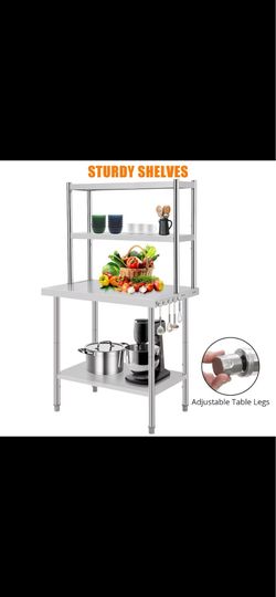 Stainless Steel Work Table, Heavy Duty Commercial Prep Station with Adjustable Shelves & Hooks