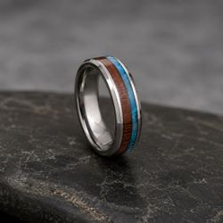 Tungsten Ring w/ Blue Opal & Wood Inlay – Men’s Band