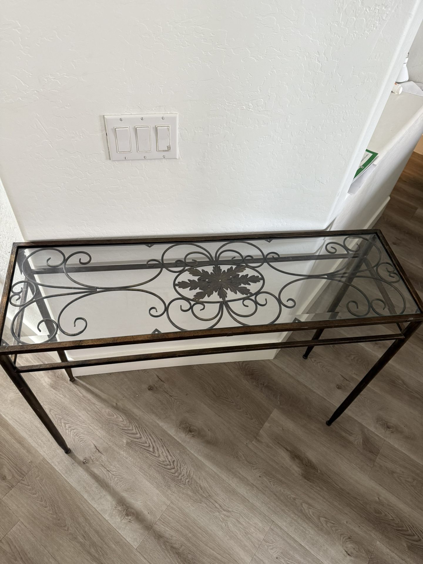 Glass & Wrought Iron Scroll Console Table – Elegant Entryway Accent